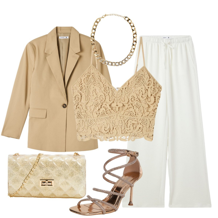 Outfit donna - Classico per una serata… glam. Stile Glamour per Serata fuori. Abbinamento con blazer, pantaloni, sandali col tacco, borse a tracolla, collane, top.