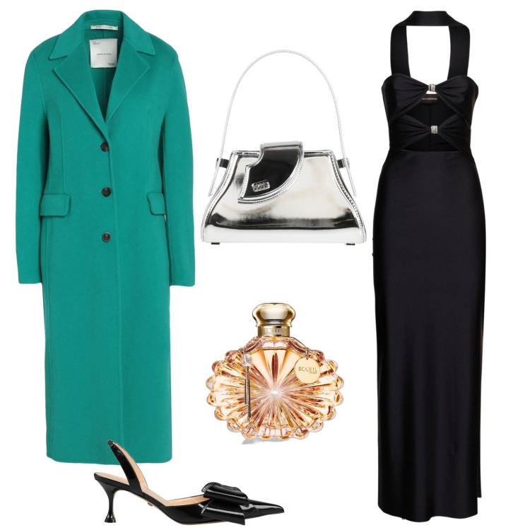 Outfit donna - Cappotto verde. Stile Glamour per Serata fuori. Abbinamento con décolleté, borse a mano, cappotti, profumi, vestiti midi/longuette.