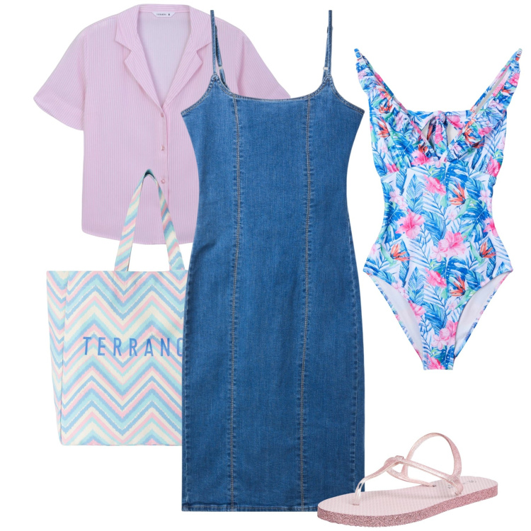 Outfit donna - Al mare con Terranova. Stile Casual chic per Mare. Abbinamento con costumi interi, camicie a manica corta, sandali, vestiti a tubino, borse tote.