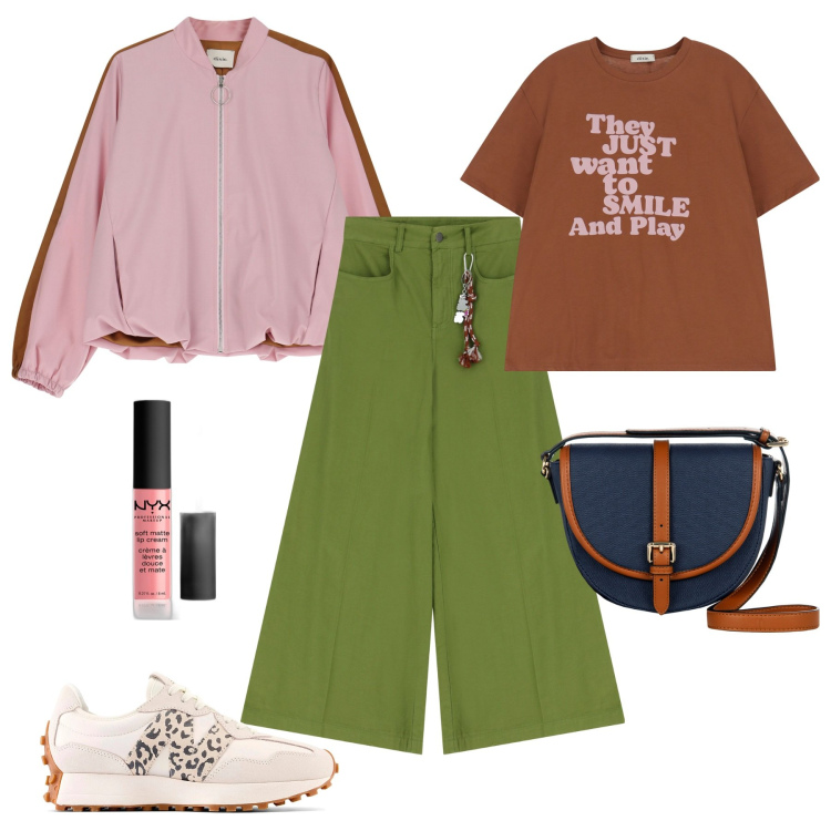 Outfit donna - Verde e rosa in primavera. Stile Basic per Tutti i giorni. Abbinamento con rossetti, borse a tracolla, pantaloni, bomber, t-shirt, sneakers.