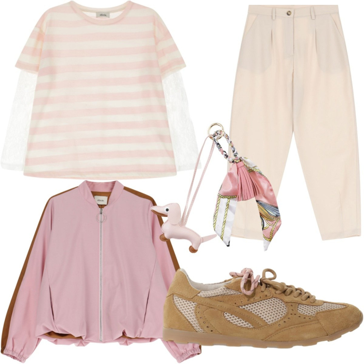 Outfit donna - Casual in rosa. Stile Casual chic per Tutti i giorni. look ideale per Tall. Abbinamento con pantaloni, bomber, sneakers, t-shirt, portachiavi.