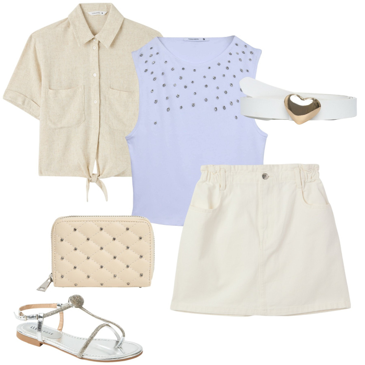 Outfit donna - Le infradito argentate. Stile Preppy per Mare. Abbinamento con minigonne, cinture, top, ciabatte, camicie a manica corta, portafogli.
