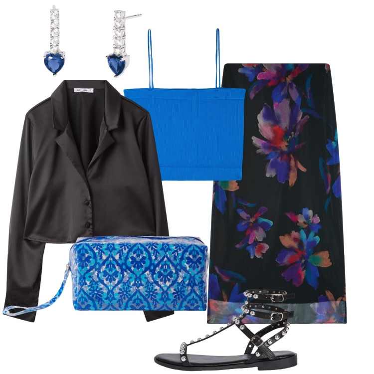 Outfit donna - Nero e blu elettrico. Stile Glamour per Serata fuori. Abbinamento con gonne lunghe, camicie, canottiere, pochette, sandali, orecchini.