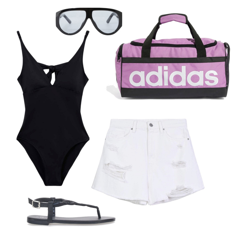 Outfit donna - Costume intero. Stile Sporty chic per Tutti i giorni. Abbinamento con shorts, costumi interi, occhiali da sole, ciabatte, borse sportive.