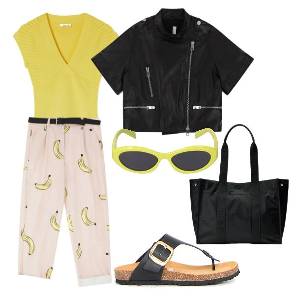 Outfit donna - Banana jo. Stile Urban per Tutti i giorni. Abbinamento con giacche, pantaloni chino, borse tote, occhiali da sole, t-shirt, infradito.