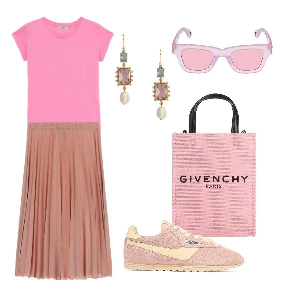 Outfit donna - Bella in rosa. Stile Casual per Tutti i giorni. Abbinamento con borse a mano, gonne, orecchini, occhiali da sole, sneakers, t-shirt.