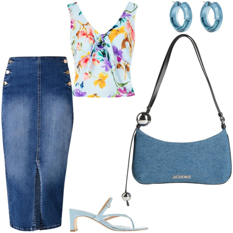 Outfit donna - Il top a fiori. Stile Casual chic per Tutti i giorni. Abbinamento con borse a spalla, ciabatte, gonne longuette, top, orecchini.