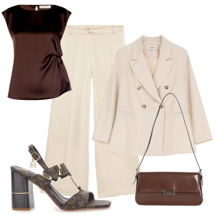 Outfit donna - Con stile in ufficio. Stile Chic per Ufficio. Abbinamento con borse a spalla, top, blazer, pantaloni a palazzo, sandali col tacco.