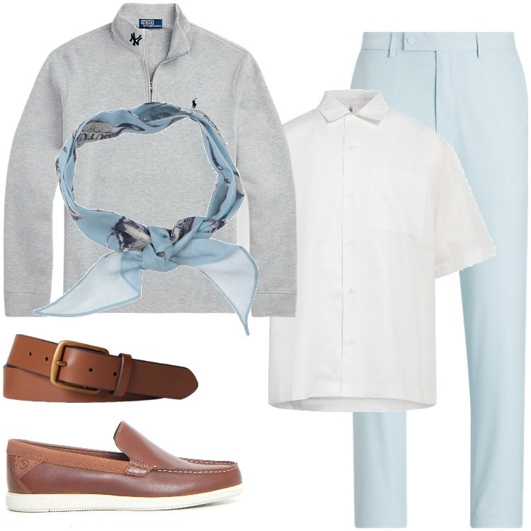 Outfit uomo - Total look #2127246. Stile Business/Elegante per Ufficio. Abbinamento con sciarpe, camicie a manica corta, cinture, pullovers, pantaloni, scarpe stringate.