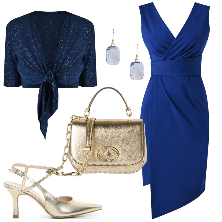 Outfit donna - Mini bag oro e abito blu. Stile Glamour per Serata fuori. Abbinamento con vestiti a tubino, bolero, orecchini, sandali col tacco, borse a tracolla.