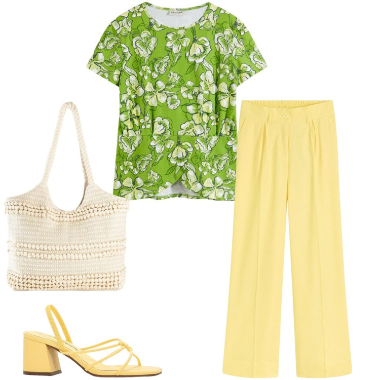Outfit donna - Summer Bonprix. Stile Minimal per Tutti i giorni. Abbinamento con pantaloni a palazzo, sandali col tacco, t-shirt, shopping bag.