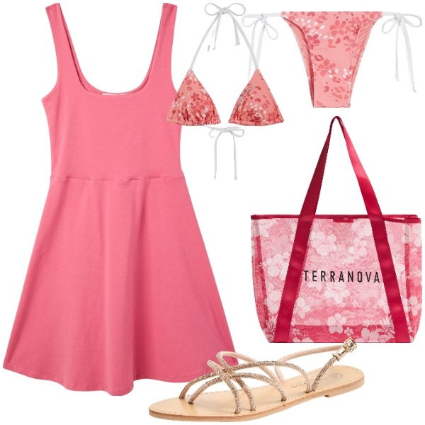 Outfit donna - Tonalità di rosa a maggio. Stile Trendy per Mare. Abbinamento con sandali, shopping bag, vestiti corti, bikini, bikini.
