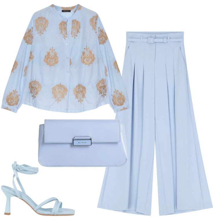 Outfit donna - Tinte pastello. Stile Casual chic per Cerimonia. Abbinamento con borse a mano, sandali in pelle, pantaloni, bluse.