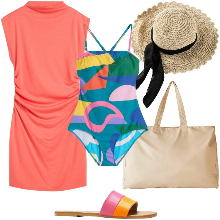 Outfit donna - Un’estate a colori. Stile Vintage retrò per Mare. Abbinamento con cappelli, ciabatte, shopping bag, vestiti corti, costumi interi.