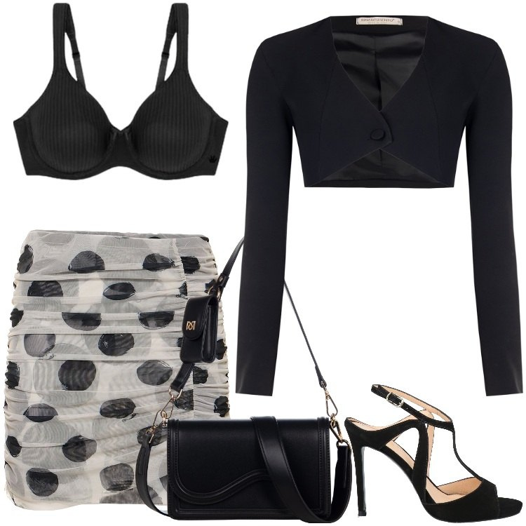 Outfit donna - Metti una sera a pois. Stile Sexy per Serata fuori. Abbinamento con sandali in pelle, pochette, bolero, reggiseni, minigonne.
