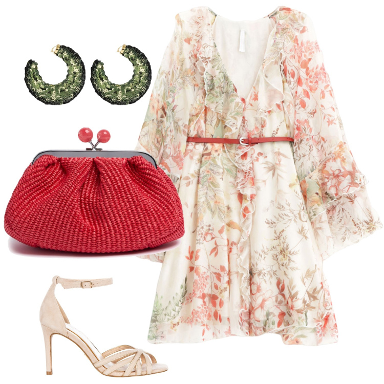 Outfit donna - Rossella o’hara. Stile Chic per Cerimonia. Abbinamento con vestiti corti, sandali col tacco, pochette, orecchini.