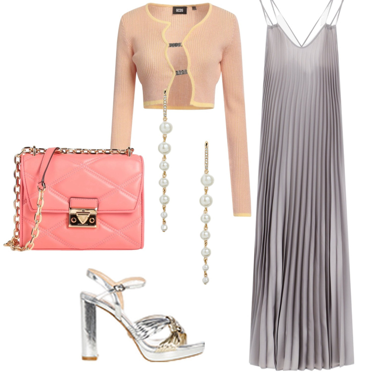 Outfit donna - Total look #2127286. Stile Chic per Cerimonia. Abbinamento con cardigans, borse a tracolla, vestiti lunghi, sandali in pelle, orecchini.