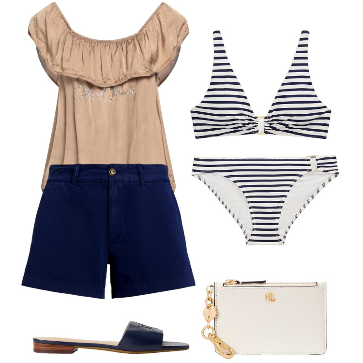 Outfit donna - Il bikini a righe. Stile Casual chic per Mare. Abbinamento con top, ciabatte, shorts, portafogli, bikini, bikini.