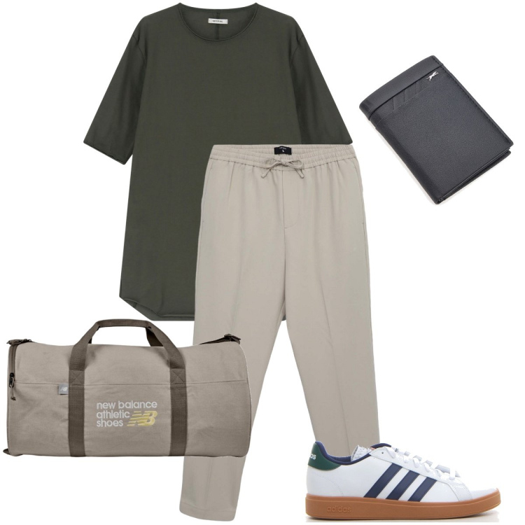 Outfit uomo - Il pantalone con coulisse. Stile Casual per Tutti i giorni. Abbinamento con pantaloni, borse sportive, t-shirt, portafogli, sneakers.