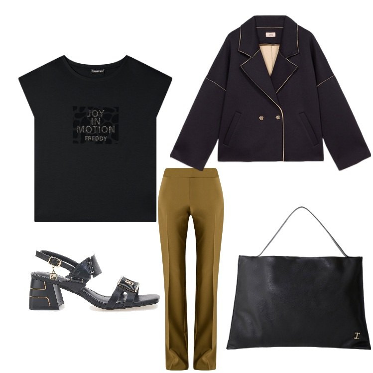 Outfit donna - always black. Stile Casual chic per Tutti i giorni. Abbinamento con pantaloni, borse a spalla, t-shirt, sandali col tacco, blazer.