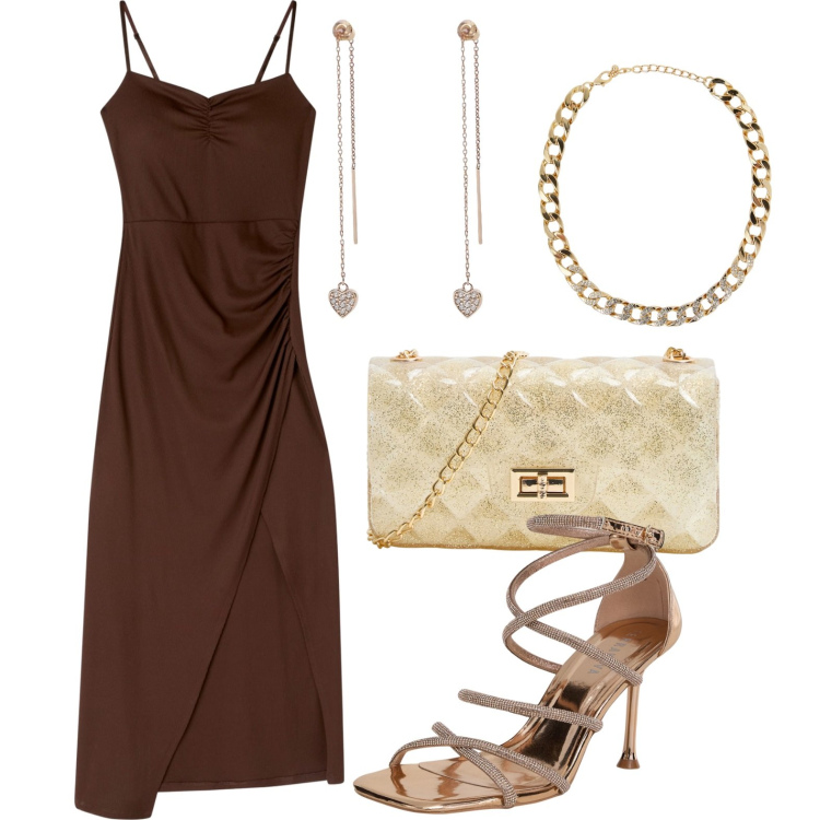 Outfit donna - Glamour. Stile Glamour per Serata fuori. Abbinamento con sandali col tacco, borse a tracolla, collane, vestiti lunghi, orecchini.