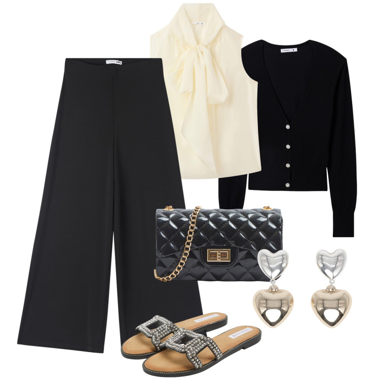 Outfit donna - Serata glam Terranova. Stile Glamour per Serata fuori. Abbinamento con pantaloni culotte, ciabatte, bluse, borse a tracolla, orecchini, cardigans.