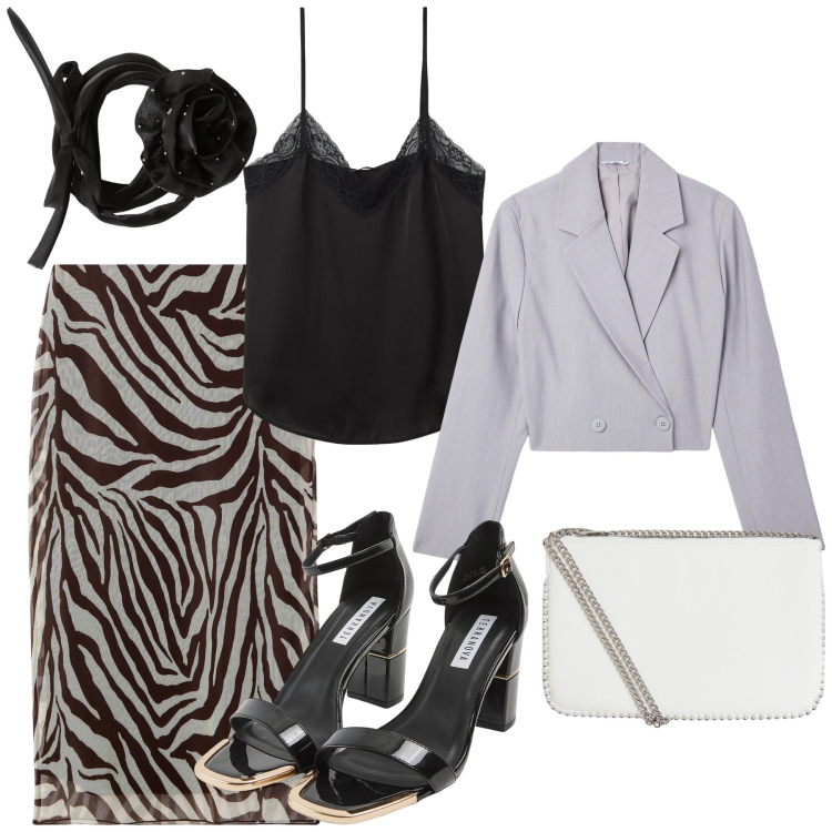 Outfit donna - Terranova - Occasioni speciali. Stile Glamour per Serata fuori. Abbinamento con gonne lunghe, blazer, collane, sabot, canottiere, borse a tracolla.