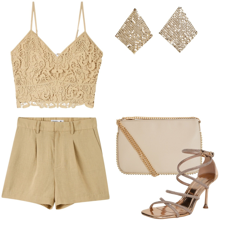 Outfit donna - Total look #2127308. Stile Glamour per Serata fuori. Abbinamento con bermuda, sandali col tacco, borse a tracolla, top, orecchini.