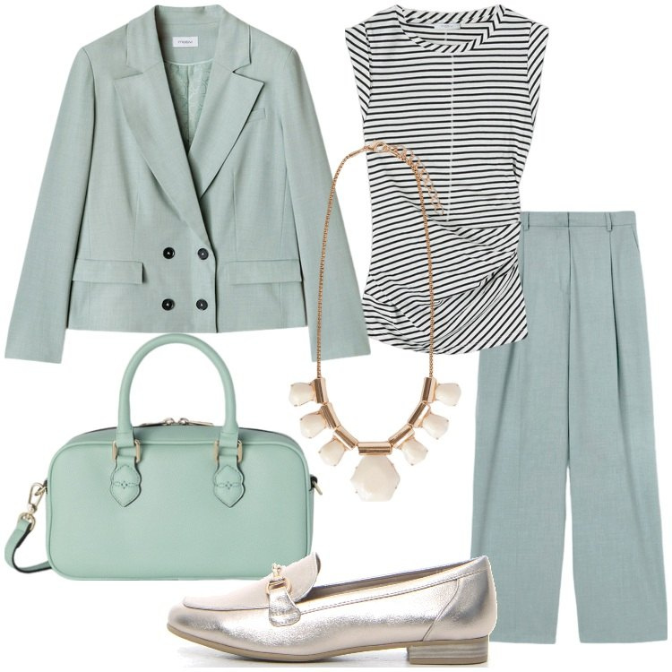 Outfit donna - Mocassini platino in ufficio. Stile Trendy per Ufficio. Abbinamento con mocassini, pantaloni a palazzo, top, borse a mano, blazer, collane.