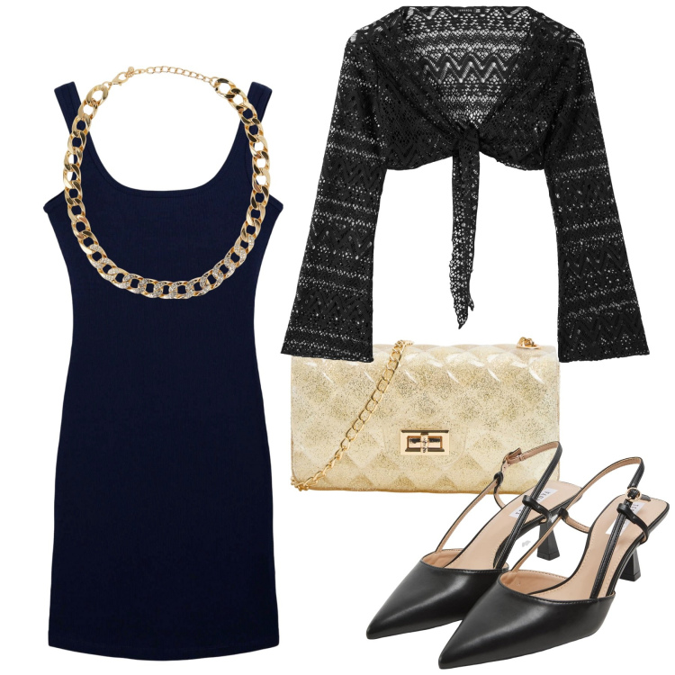 Outfit donna - Terranova - occasioni speciali. Stile Glamour per Serata fuori. Abbinamento con borse a tracolla, collane, sabot, vestiti corti, bolero.
