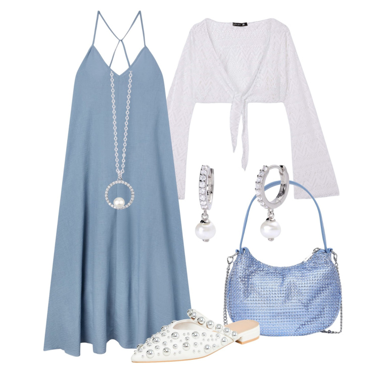 Outfit donna - Serata in lungo Terranova. Stile Glamour per Serata fuori. Abbinamento con ballerine, vestiti lunghi, borse a spalla, bolero, collane, orecchini.