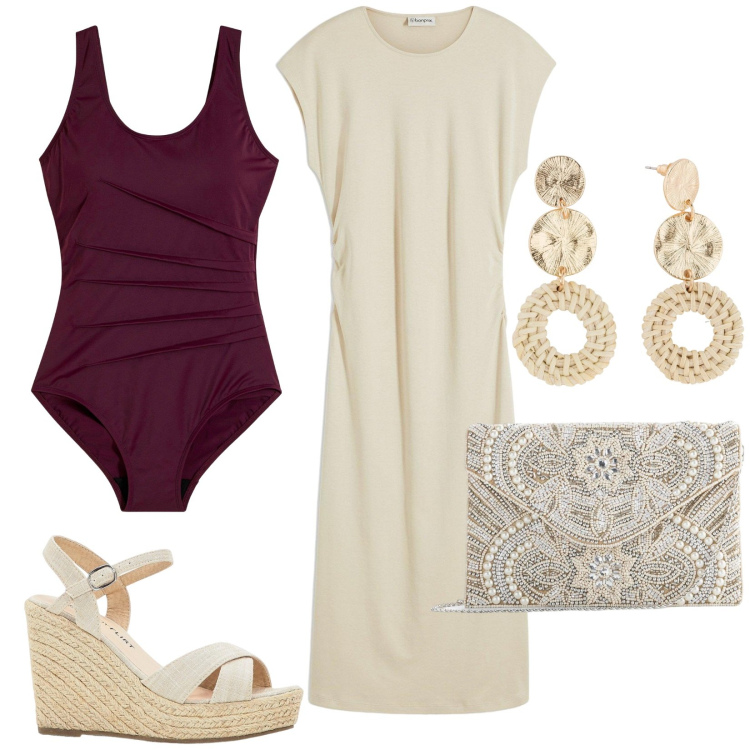 Outfit donna - Look da vacanza. Stile Chic per Mare. Abbinamento con costumi interi, sandali, pochette, orecchini, vestiti midi/longuette.