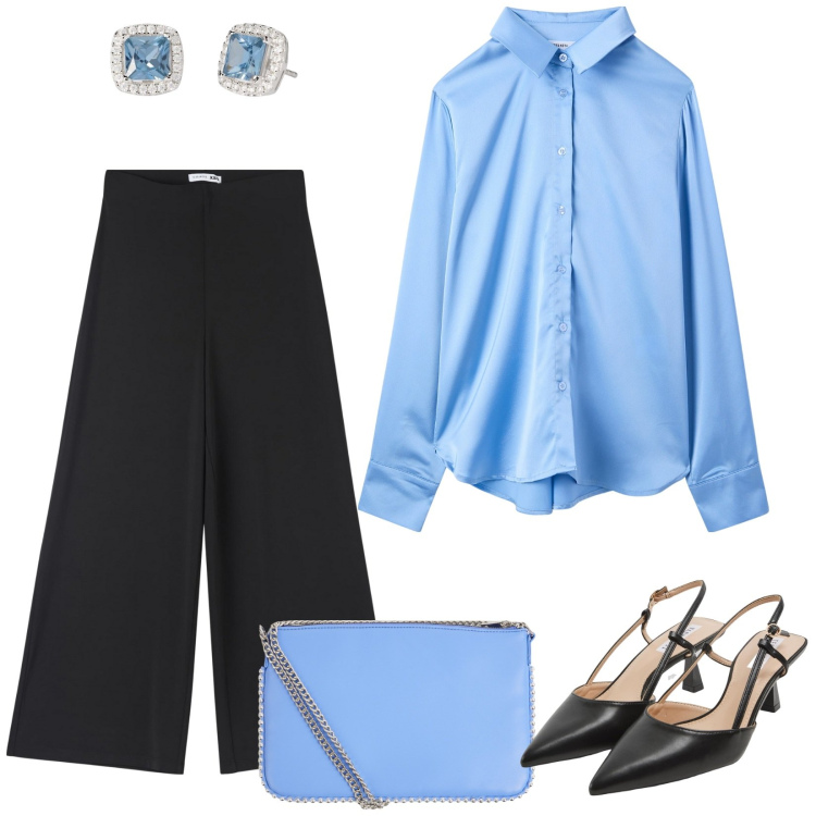 Outfit donna - La camicia scintillante. Stile Glamour per Serata fuori. Abbinamento con pantaloni culotte, camicie, borse a tracolla, sabot, orecchini.