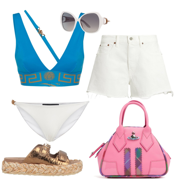 Outfit donna - In spiaggia. Stile Casual per Tutti i giorni. Abbinamento con espadrillas, occhiali da sole, shorts, borse a mano, bikini, bikini.