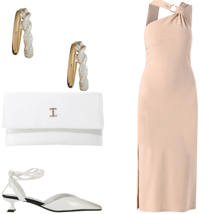 Outfit donna - Cerimonia a giugno. Stile Glamour per Cerimonia. Abbinamento con décolleté, vestiti asimmetrici, borse a tracolla, orecchini.