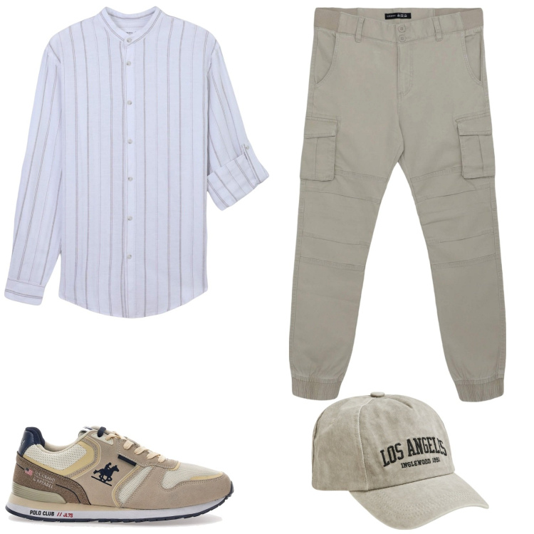 Outfit uomo - Dettagli a righe sottili. Stile Urban per Tutti i giorni. Abbinamento con pantaloni cargo, camicie, cappelli, sneakers.