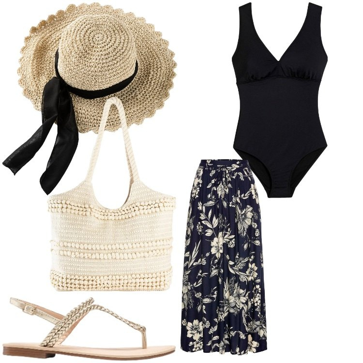 Outfit donna - Una giornata al mare. Stile Casual per Mare. Abbinamento con ciabatte, cappelli, gonne lunghe, costumi interi, shopping bag.