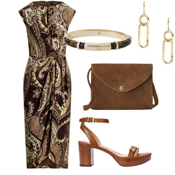 Outfit donna - Serata tra amici. Stile Casual chic per Serata fuori. Abbinamento con borse a tracolla, vestiti, orecchini, sandali col tacco, braccialetti.