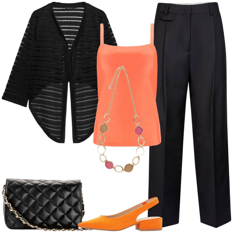 Outfit donna - Look by night. Stile Casual chic per Serata fuori. Abbinamento con borse a tracolla, décolleté, canottiere, collane, bolero, pantaloni.
