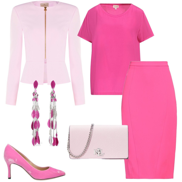 Outfit donna - Fucsia. Stile Chic per Tutti i giorni. Abbinamento con top, gonne longuette, décolleté, blazer, borse a tracolla, orecchini.