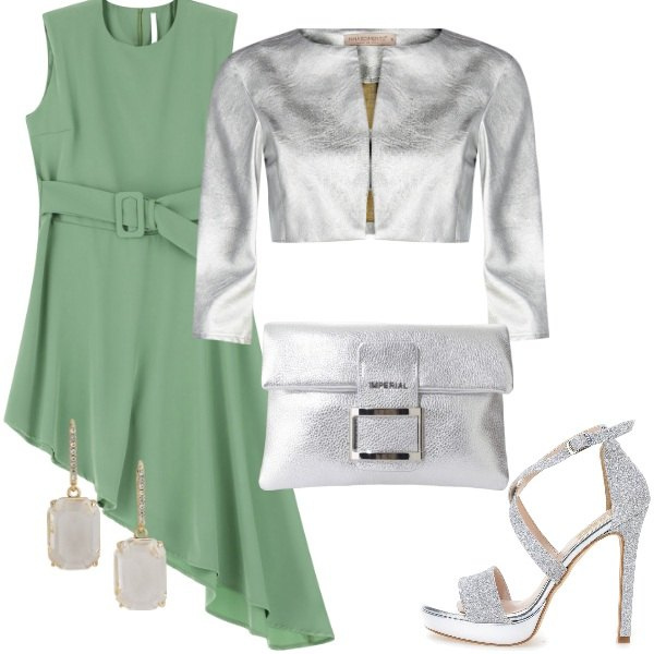 Outfit donna - Vestito asimmetrico verde salvia. Stile Glamour per Cerimonia. Abbinamento con bolero, vestiti corti, pochette, orecchini, sandali col tacco.