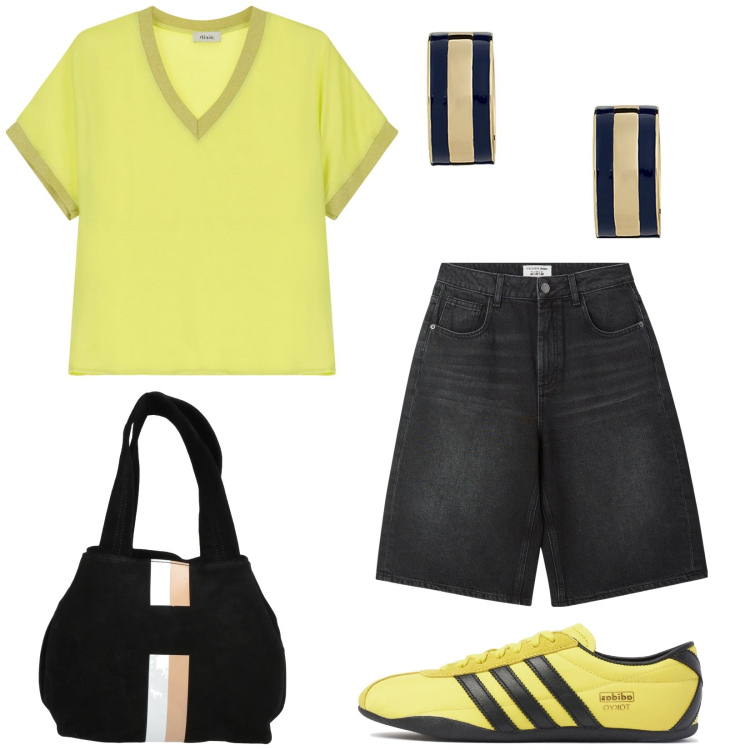 Outfit donna - Shorts di jeans. Stile Casual per Tutti i giorni. Abbinamento con borse a mano, bermuda, maglieria, orecchini, sneakers.