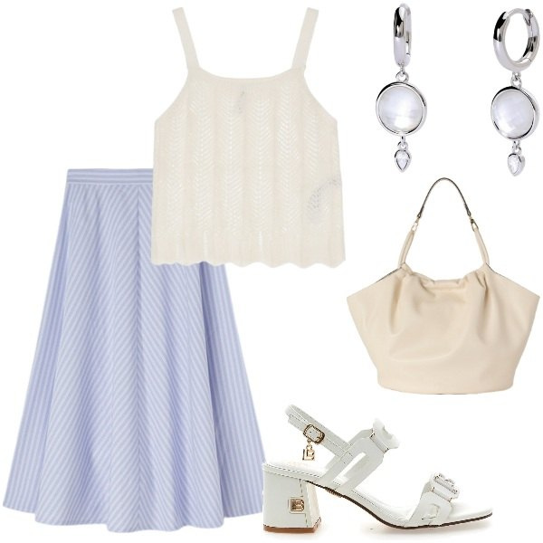 Outfit donna - Aperitivo veloce. Stile Bon Ton per Serata fuori. Abbinamento con orecchini, top, sandali col tacco, gonne longuette, borse a secchiello.