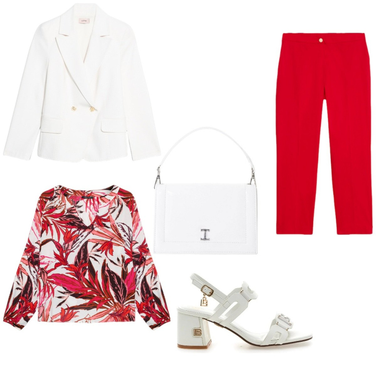 Outfit donna - Comodità. Stile Casual chic per Cerimonia. Abbinamento con borse a tracolla, sandali col tacco, bluse, blazer, pantaloni.