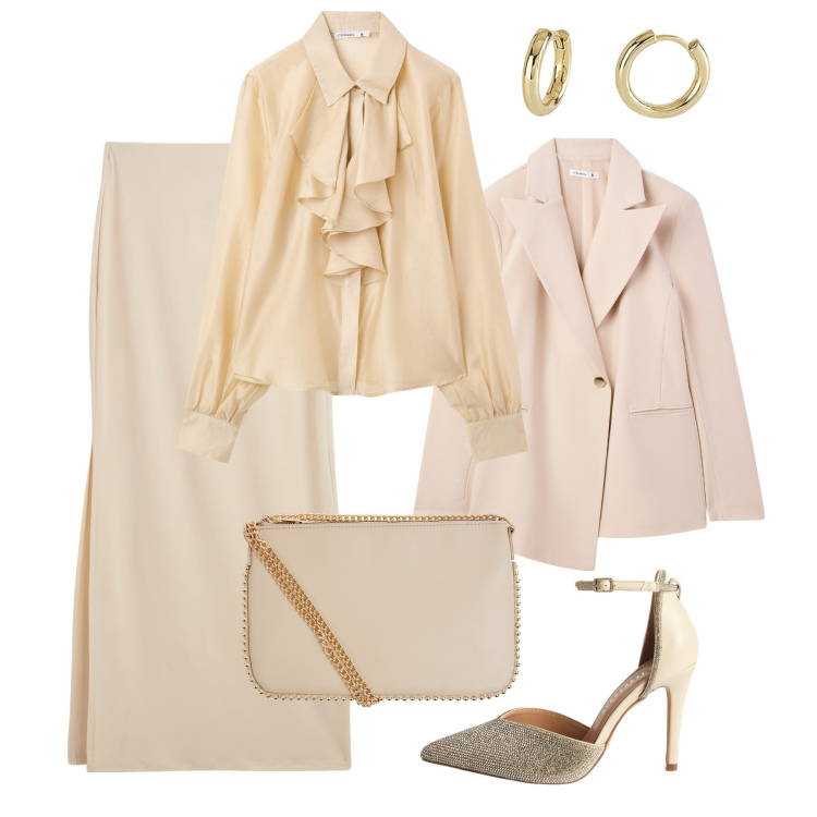 Outfit donna - Cerimonia Terranova. Stile Glamour per Cerimonia. Abbinamento con gonne lunghe, camicie, blazer, borse a tracolla, décolleté, orecchini.
