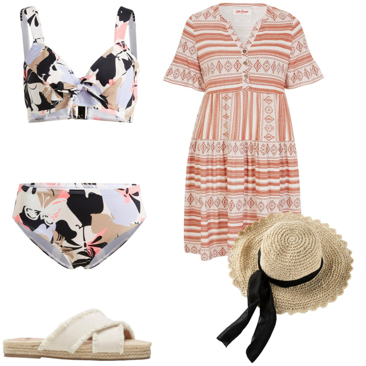 Outfit donna - Bonprix capsule holiday. Stile Basic per Mare. Abbinamento con cappelli, ciabatte, bikini, vestiti.