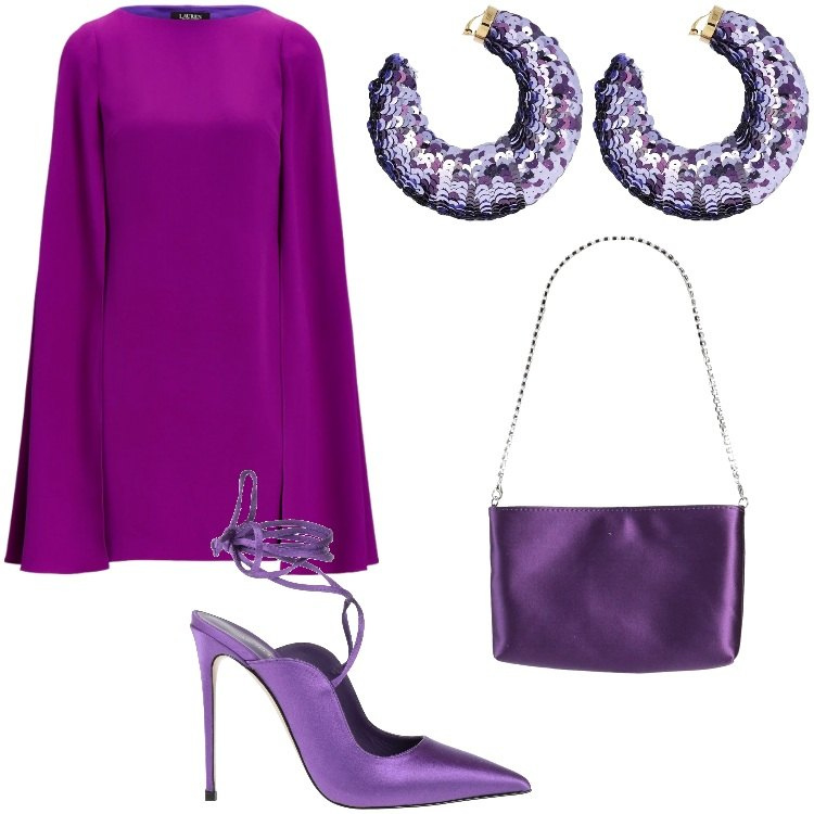 Outfit donna - Viola glamour. Stile Chic per Serata fuori. Abbinamento con borse a mano, décolleté, vestiti, orecchini.
