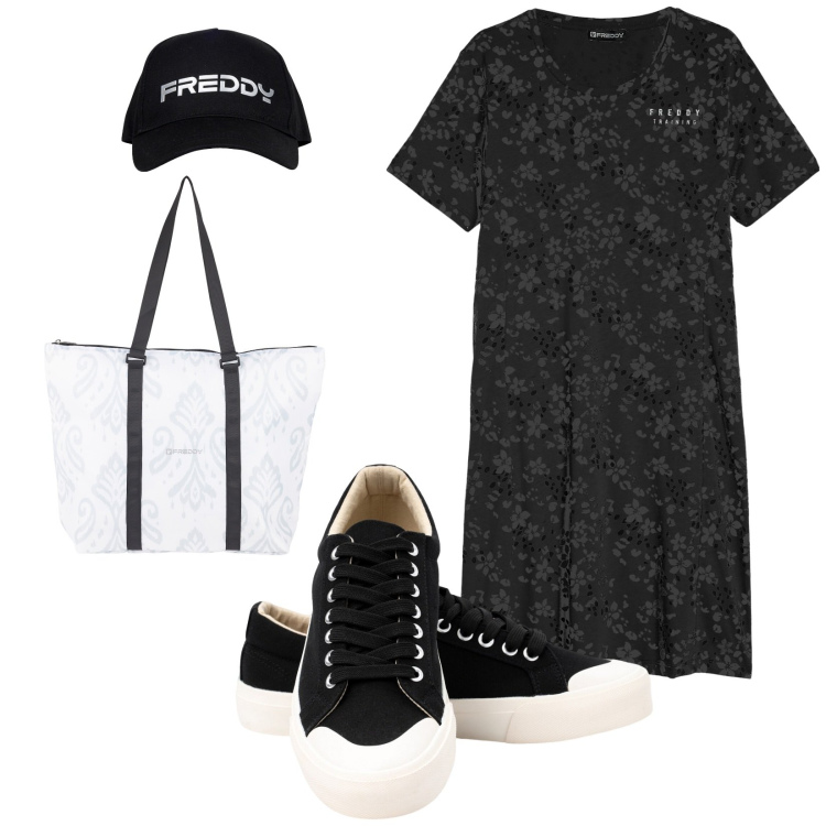 Outfit donna - Tempo libero. Stile Sporty chic per Tutti i giorni. Abbinamento con cappelli, shopping bag, vestiti, sneakers.