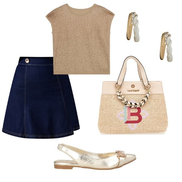 Outfit donna - Lurex e gonna di jeans. Stile Casual chic per Serata fuori. Abbinamento con ballerine, minigonne, orecchini, borse a mano, cardigans.