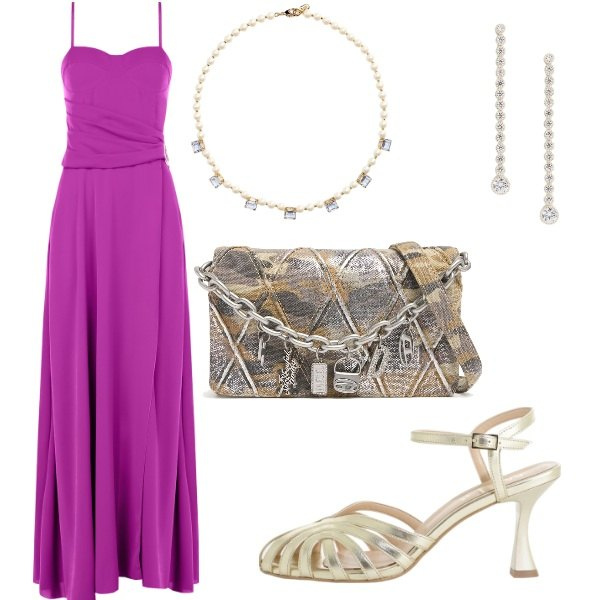 Outfit donna - Bouganville. Stile Chic per Serata fuori. Abbinamento con vestiti lunghi, sandali col tacco, collane, orecchini, pochette.
